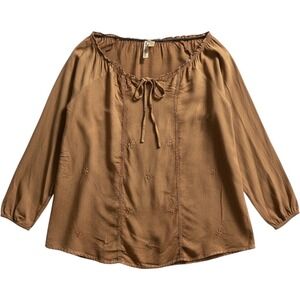 Studio West Blouse Women M Brown Embroidered Tie Neck Blouse Boho Hippie Western